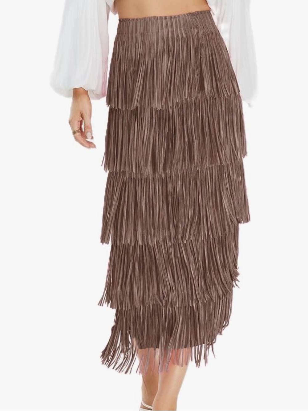 Amazon Tiered Fringe Midi Skirt - Brown